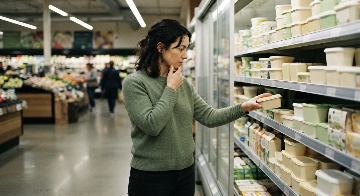 Süpermarkette bitkisel bazlı tereyağı seçeneklerini değerlendiren bir tüketici.