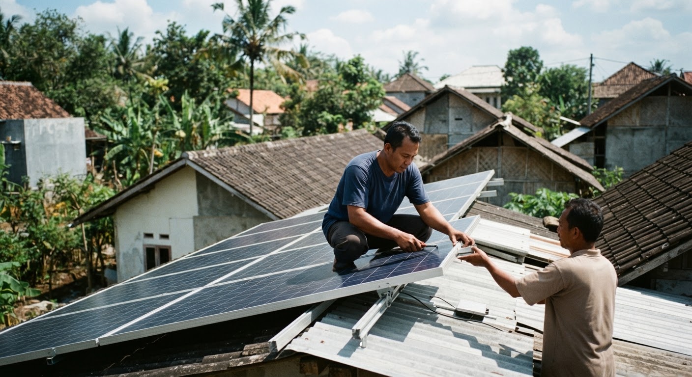 Instalasi panel surya di atap rumah warga di Indonesia, menunjukkan potensi energi surya skala kecil.