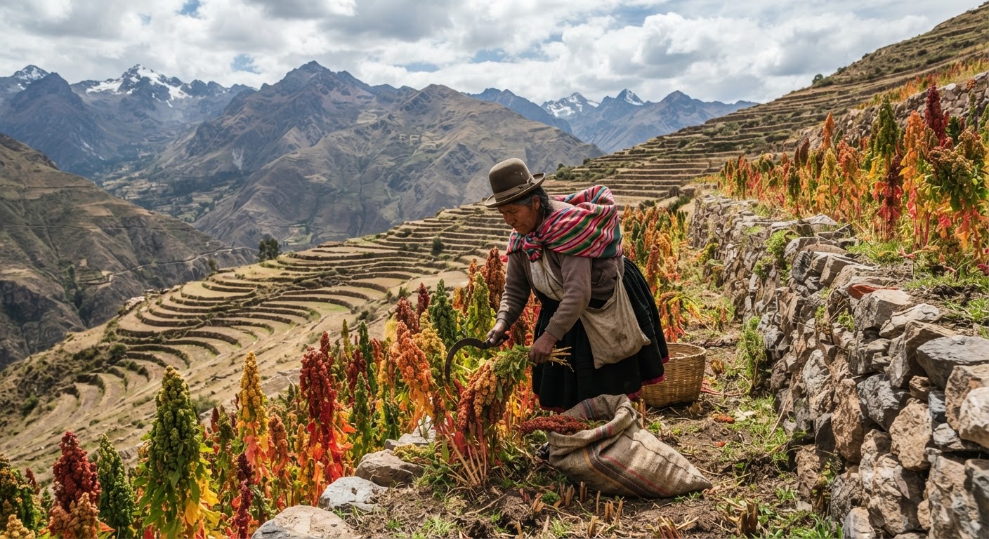 A farmer harvesting quinoa in a terraced field in the Andes mountains.