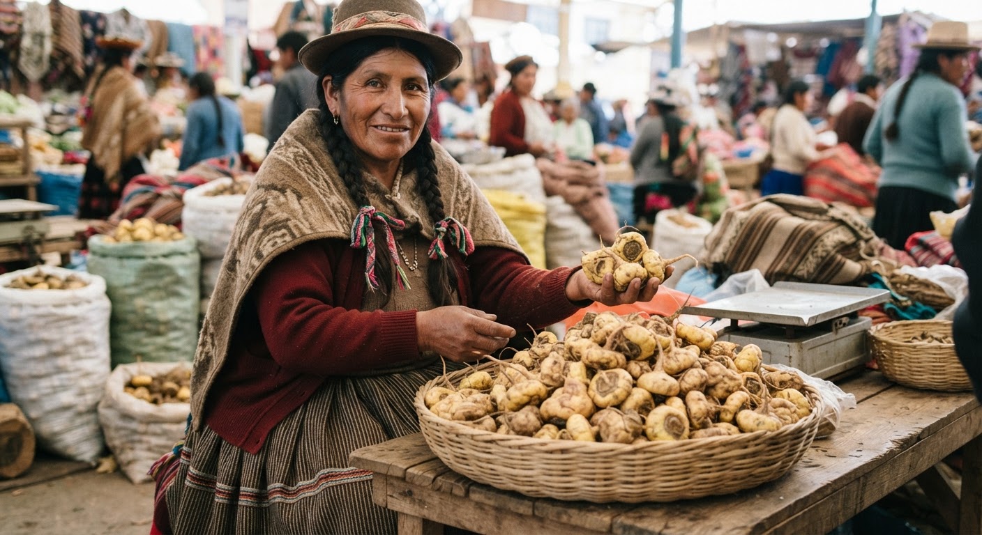 A vendor displays maca root, a nutrient-dense tuber increasingly recognised for its health benefits and agricultural resilience in Andean communities.
