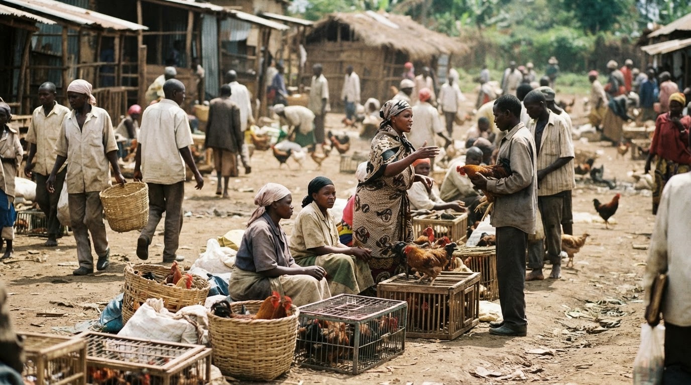 Soko la kuku wa kienyeji katika kijiji cha Kenya.