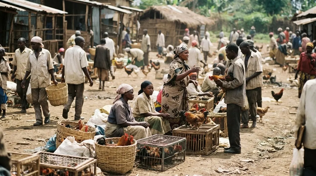 Soko la kuku wa kienyeji katika kijiji cha Kenya.