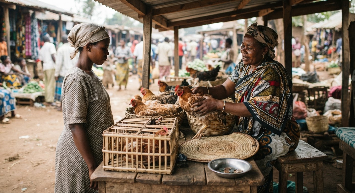 Mwanamke akiuza kuku wa kienyeji katika soko la ndani, akionyesha umuhimu wa kukuza uchumi wa eneo.