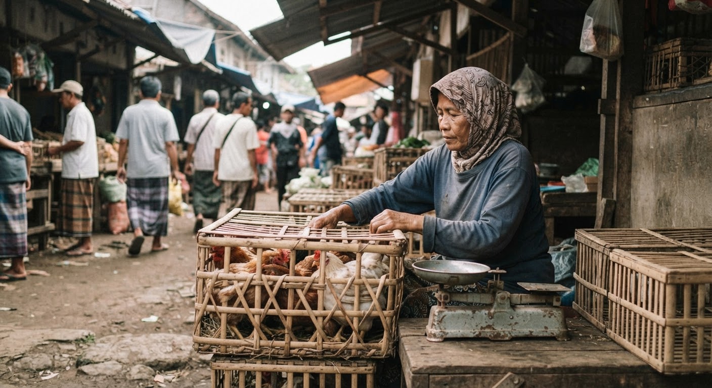 Pasar tradisional Indonesia dengan unggas hidup yang diperdagangkan