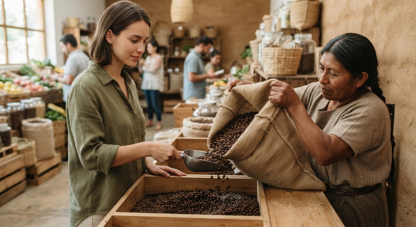 Fair Trade ლოგო, რომელიც ადასტურებს პროდუქტის სამართლიან წარმოებას.