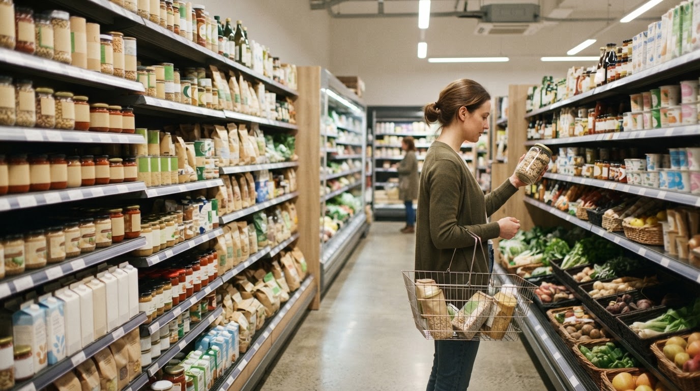 Estantería de supermercado llena de productos veganos de marca blanca.
