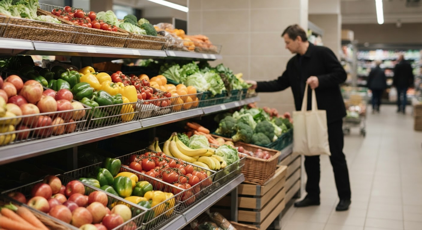 Variedad de frutas y verduras frescas disponibles en la sección de marca blanca de un supermercado.