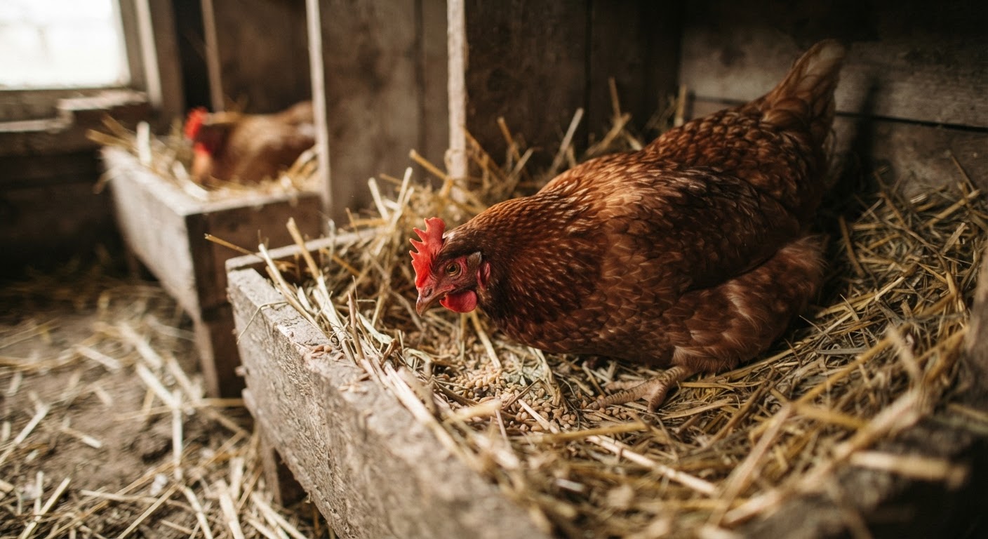 Une poule rousse picorant dans un nid rempli de paille.