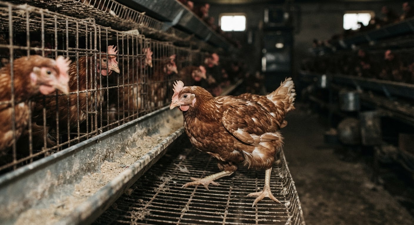 Une poule pondeuse souffrant de fragilité osseuse peut avoir du mal à se tenir debout.