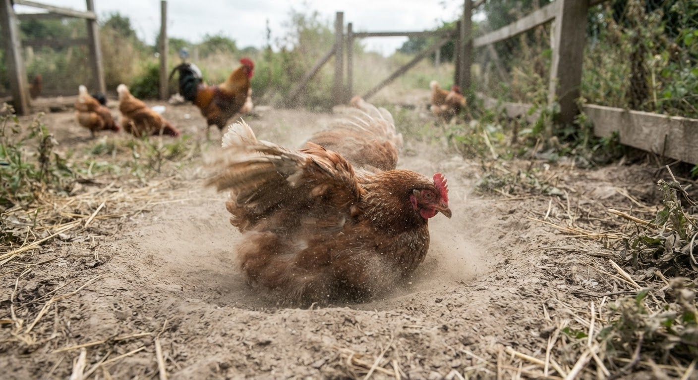 Le bain de poussière est un comportement naturel essentiel pour l'hygiène et le bien-être des poules.