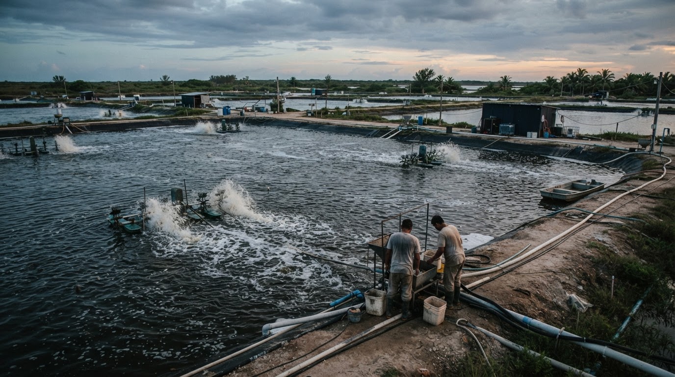 Intensiv genutzter Teich in einer Garnelenfarm