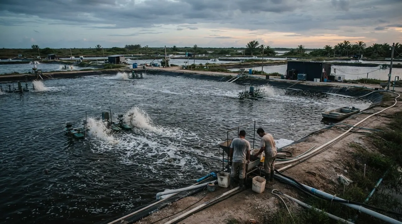 Intensiv genutzter Teich in einer Garnelenfarm