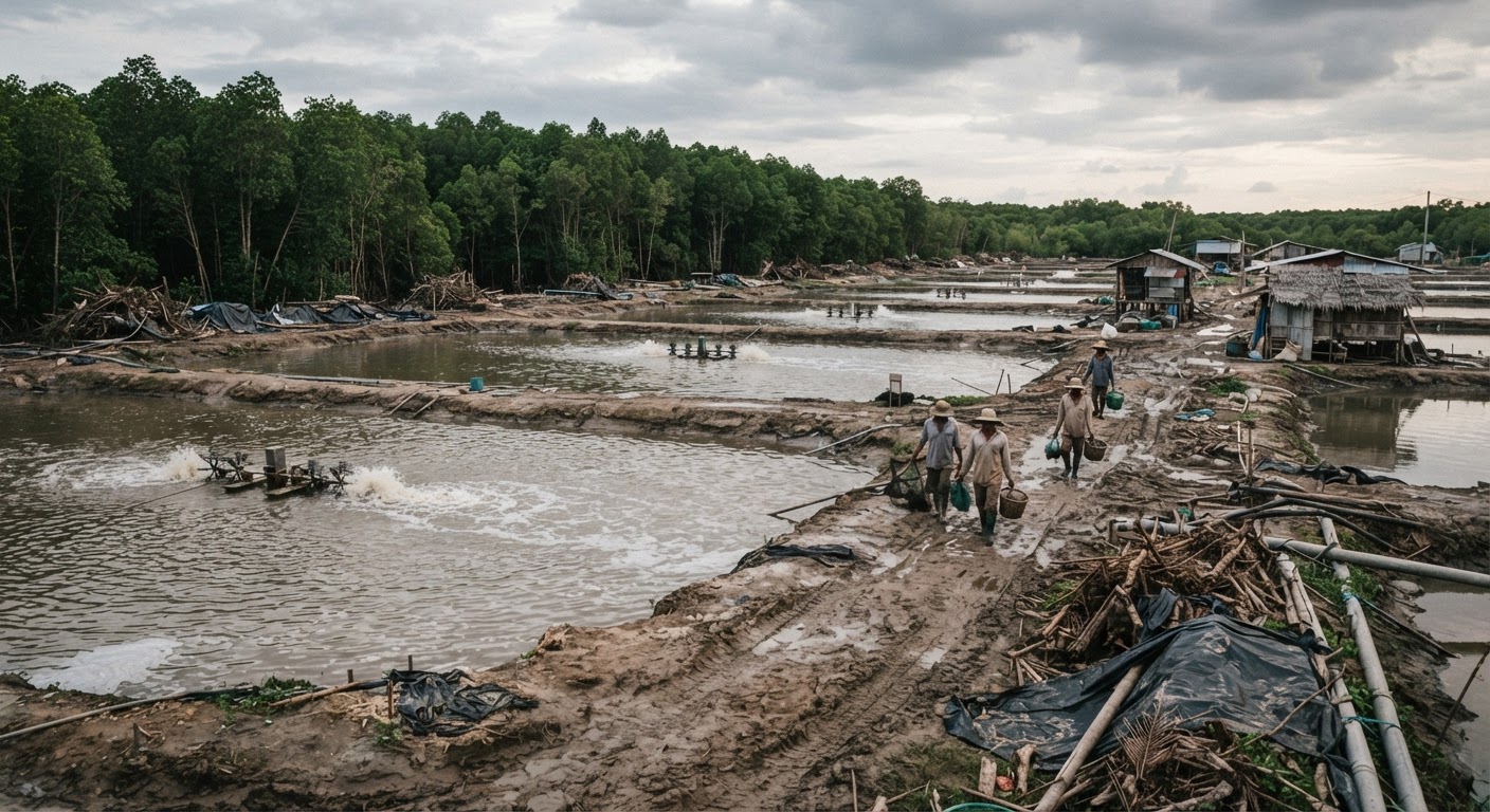 Ehemaliger Mangrovenwald, heute eine Garnelenfarm.
