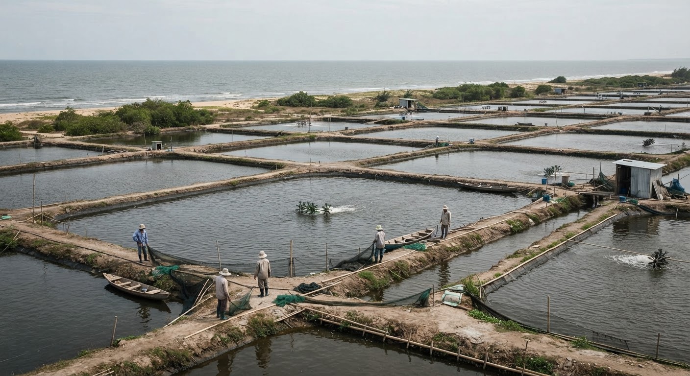 Garnelenfarm-Teiche grenzen oft direkt an Küstenbereiche.