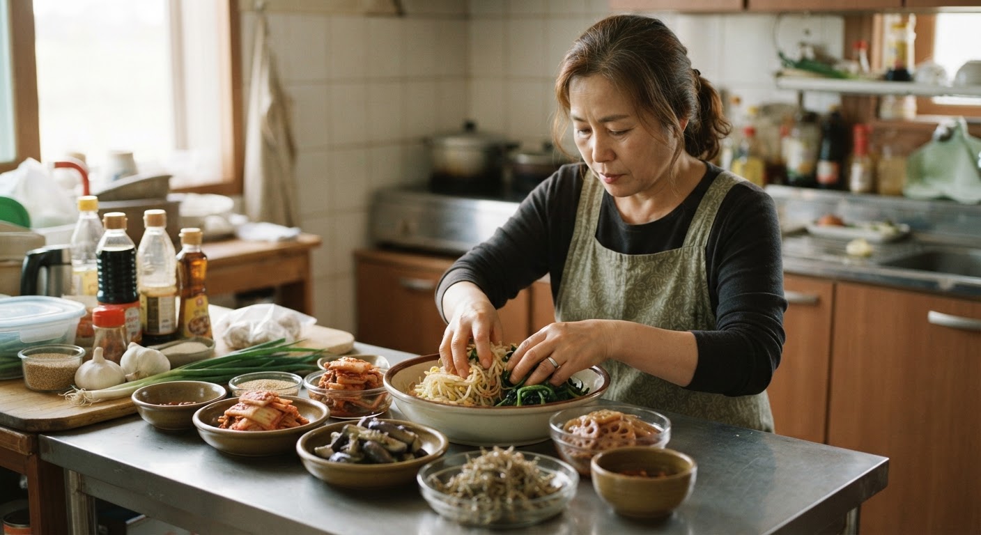 한 여성이 다양한 한국식 밑반찬을 정성스럽게 준비하고 있습니다.