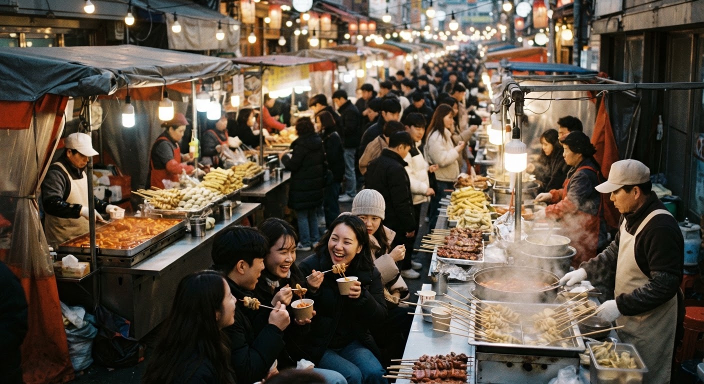 활기찬 한국의 길거리 음식 시장에서 다양한 먹거리가 사람들의 발길을 끌고 있습니다.