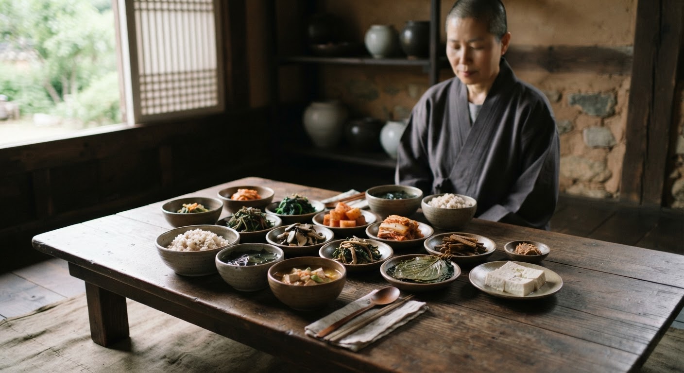 다양한 제철 채소와 발효식품으로 구성된 한국 사찰 음식 한 상차림.