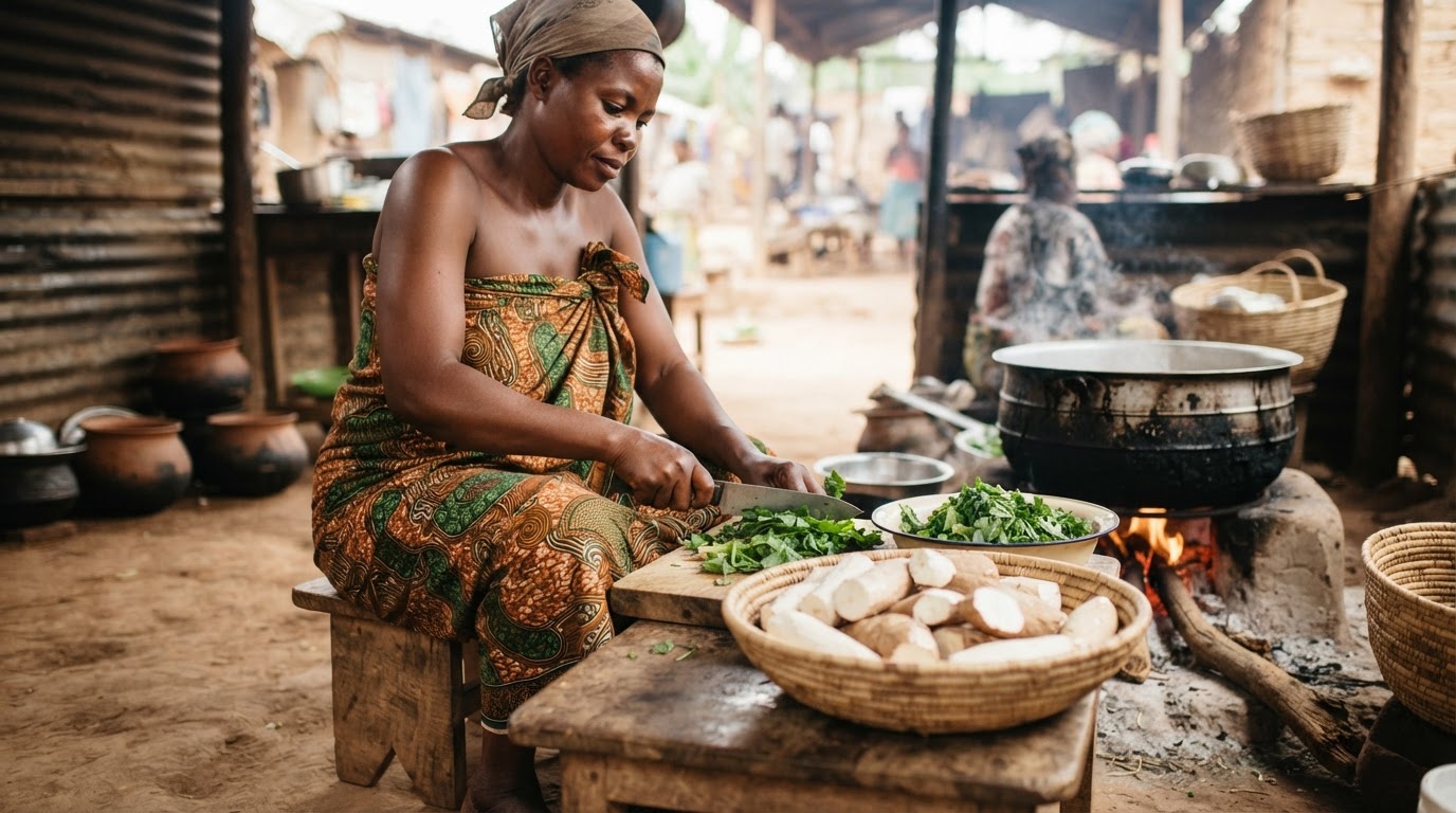 Mulher africana a preparar uma refeição com mandioca e vegetais verdes frescos