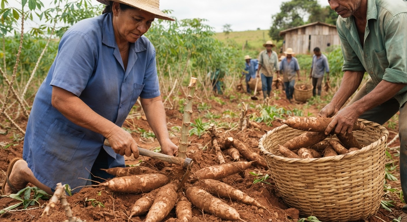 Colheita de mandioca, um alimento básico nutritivo e versátil em muitas regiões lusófonas.