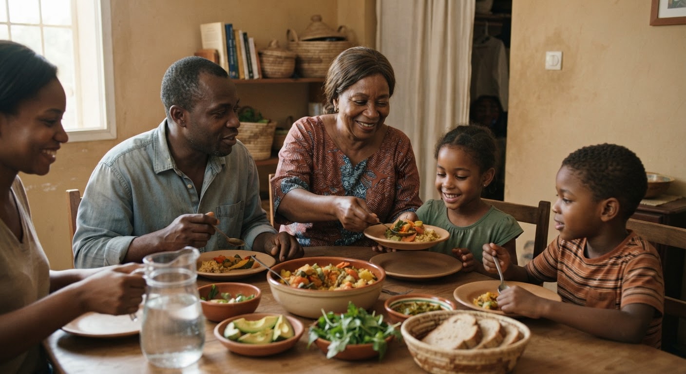 Refeições em família, ricas em vegetais e grãos, fortalecem laços e promovem saúde.