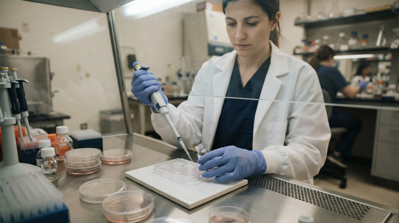 Nowoczesny sprzęt laboratoryjny z szalkami Petriego i pipetami.