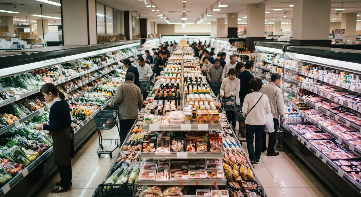 日本のスーパーマーケットの通路、様々な食品が並ぶ様子