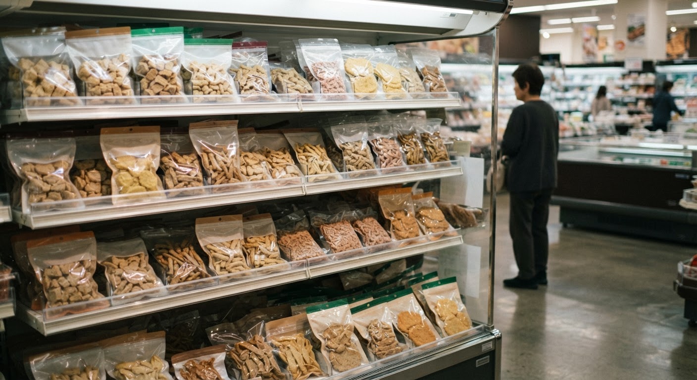 多様な形状の大豆ミート製品が並ぶ、日本のスーパーマーケットの棚