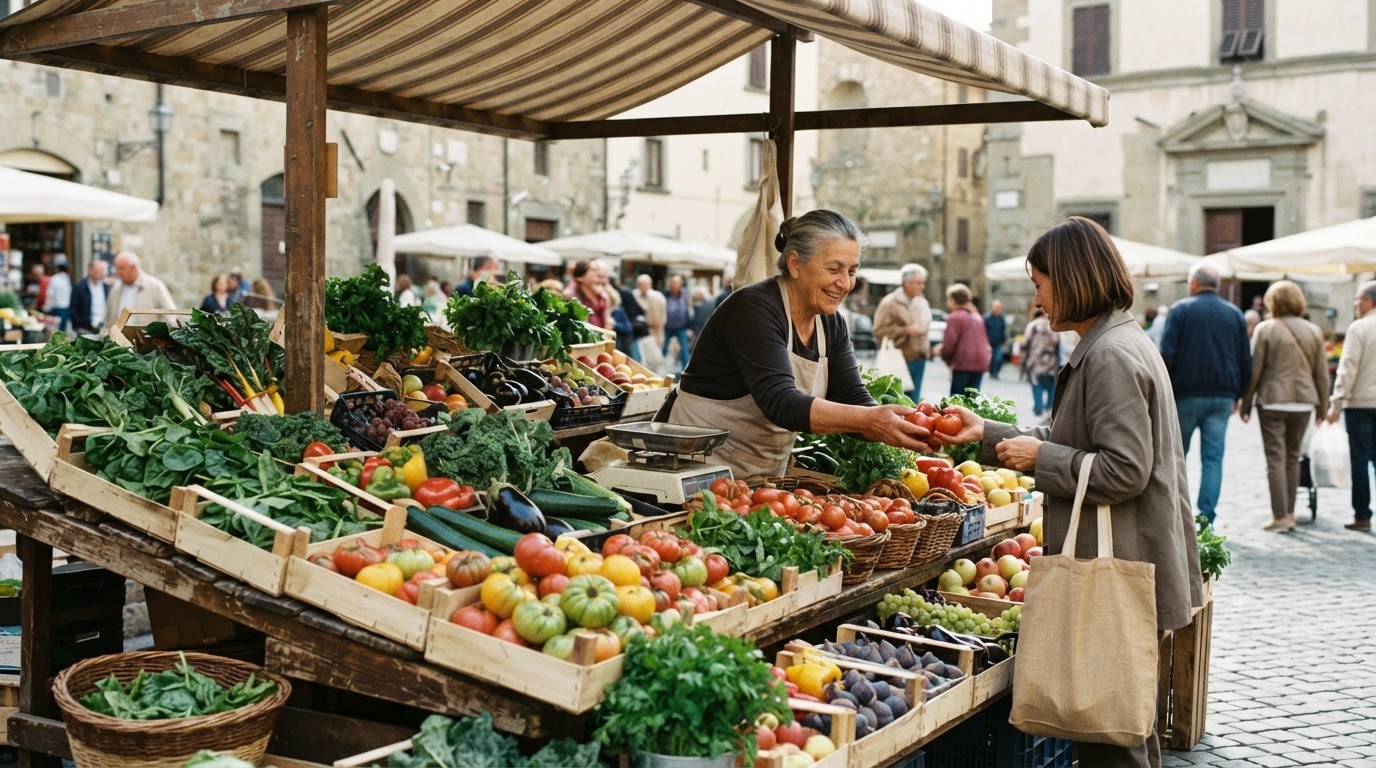 Bancarella di un mercato contadino italiano con verdure e frutta fresche