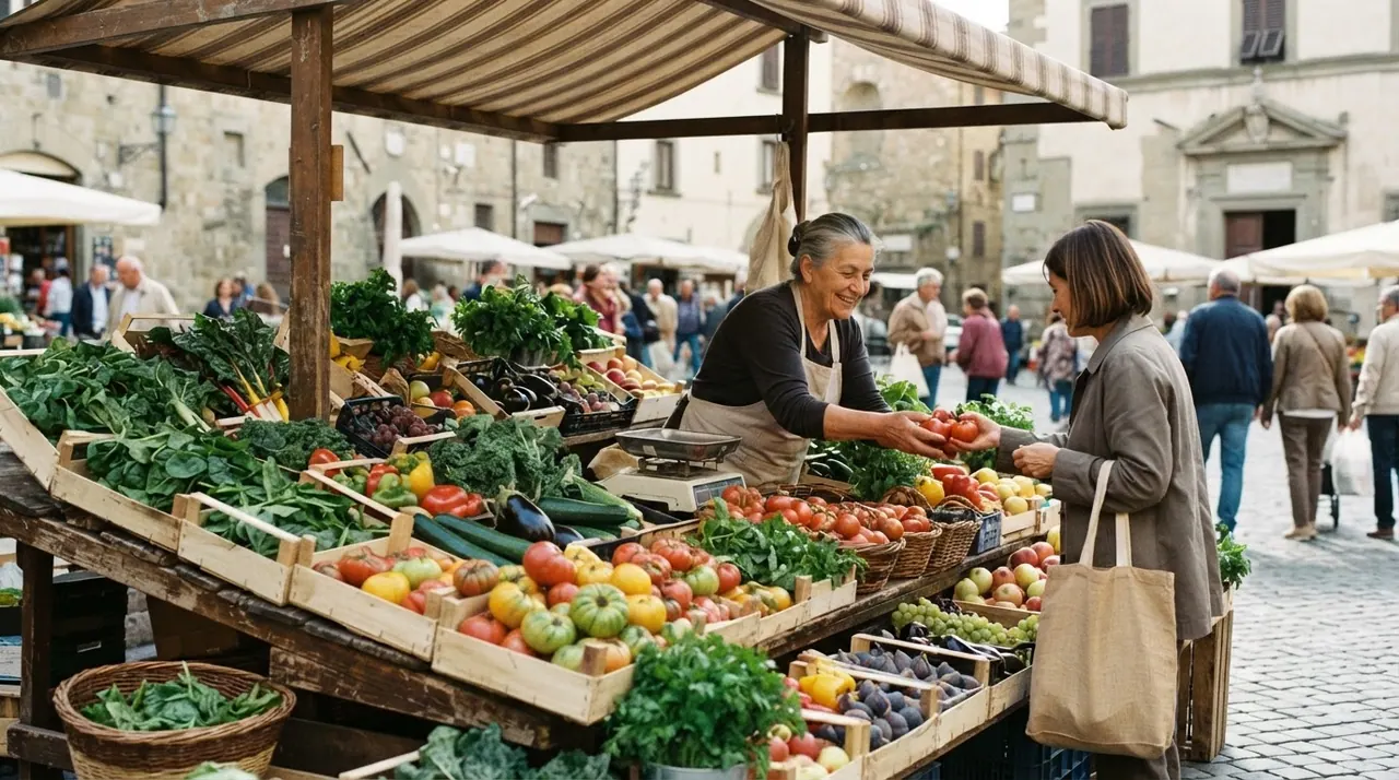 Bancarella di un mercato contadino italiano con verdure e frutta fresche