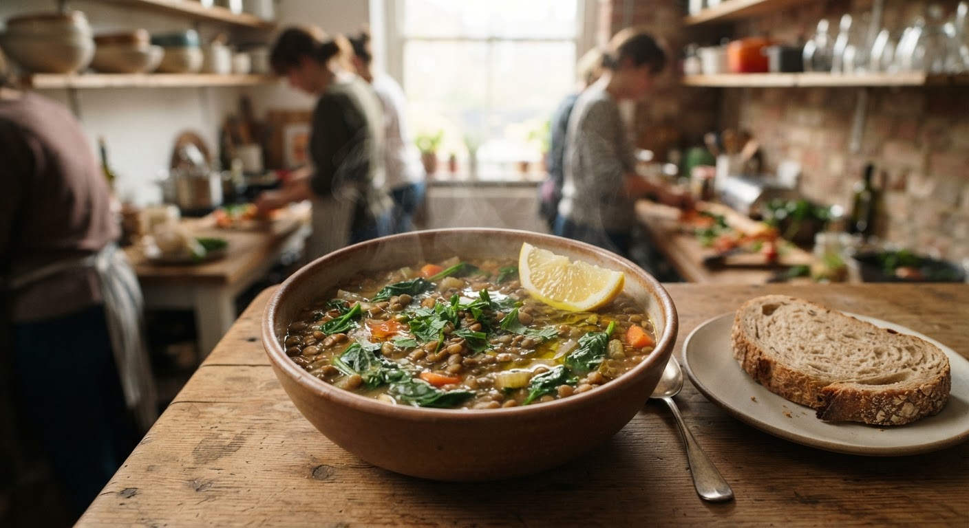 Una nutriente zuppa di lenticchie con spinaci e limone, ricca di ferro e vitamina C.