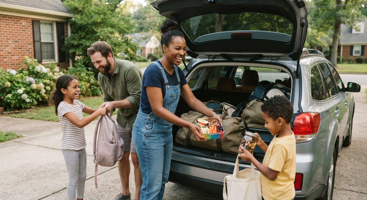 A diverse family cheerfully packing a car for a road trip, with colorful vegan snacks and reusable containers visible.