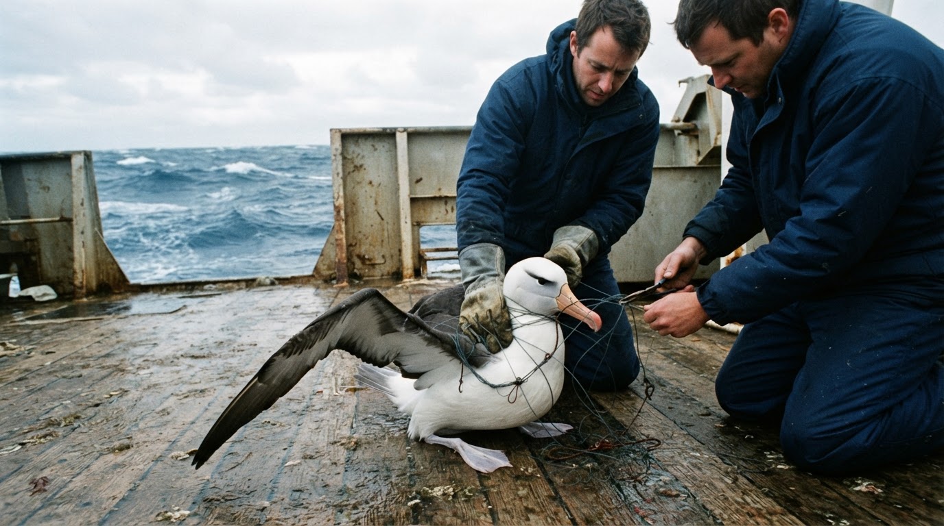 Albatross aliyechanganyikiwa na uvuvi wa nyuzi mrefu