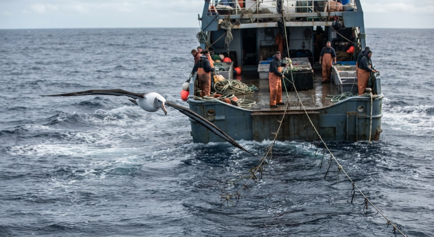 Albatross, ndege wa baharini anayesafiri umbali mrefu, yuko hatarini kutokana na uvuvi wa nyuzi mrefu.
