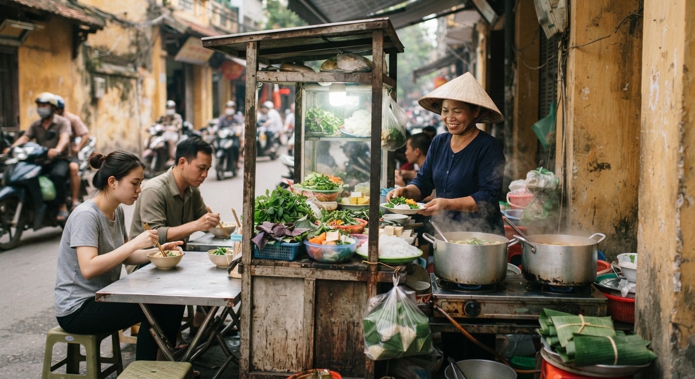 Quầy hàng ăn chay đường phố Việt Nam bán các món chay hấp dẫn