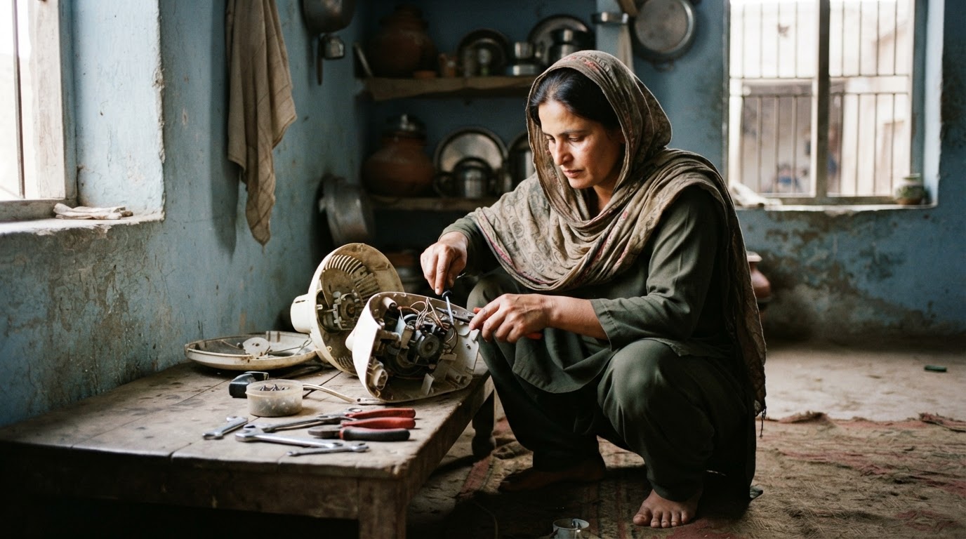ایک پاکستانی گھر میں خاتون خراب ہو جانے والے آلات کی مرمت کر رہی ہیں