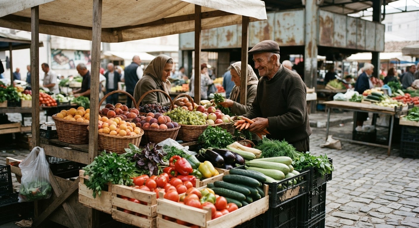 Një stendë në tregun e fermerëve shqiptarë, plot me perime dhe fruta të freskëta, tregon potencialin e prodhimit lokal.