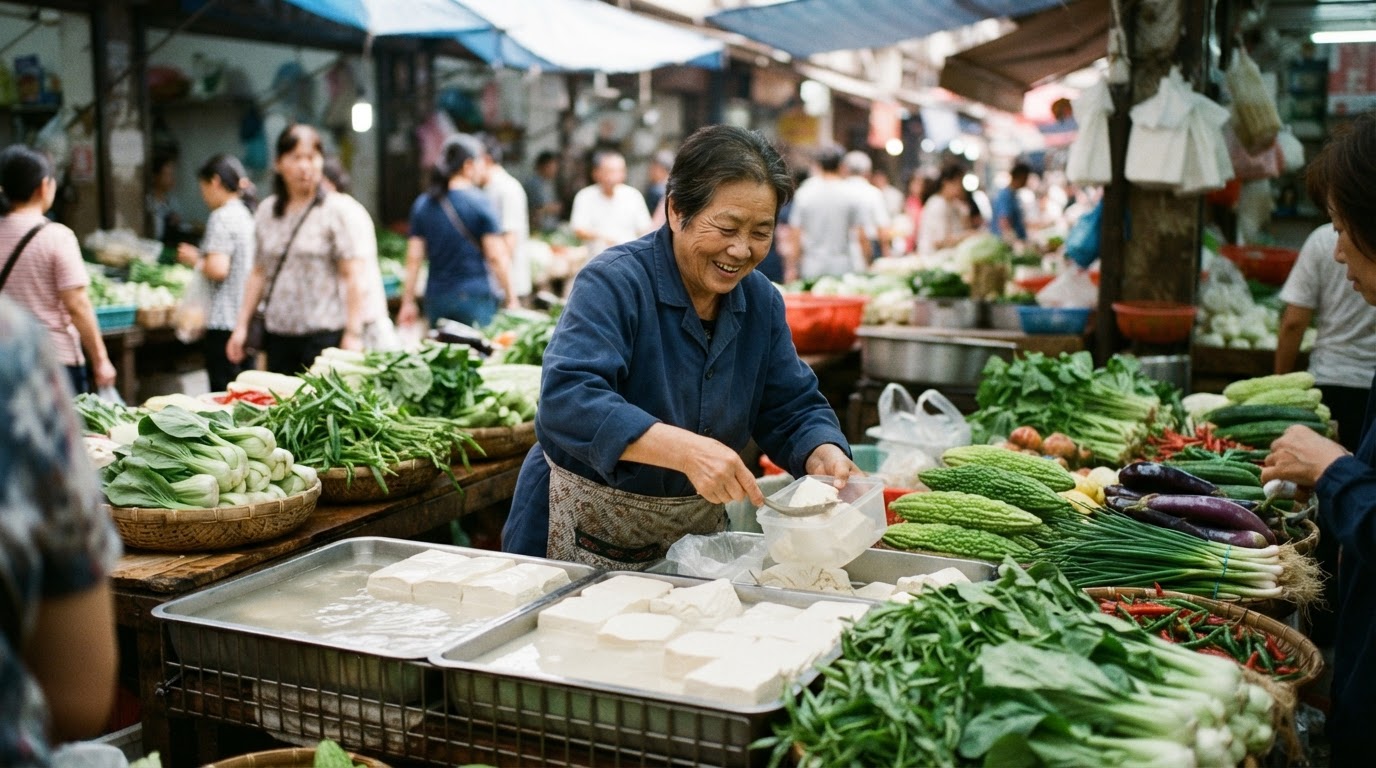 亚洲市场里售卖新鲜豆腐和蔬菜的摊位