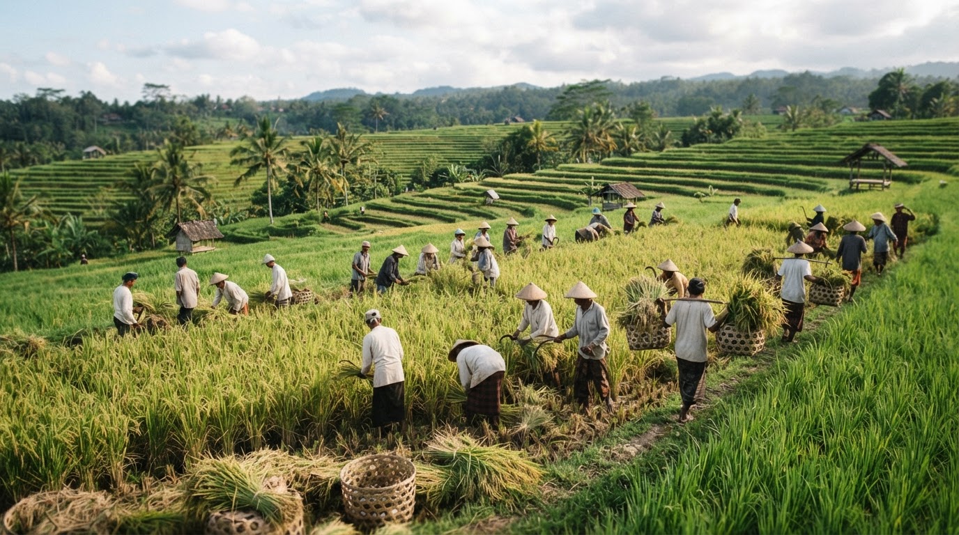 Sawah padi hijau subur di Indonesia saat panen