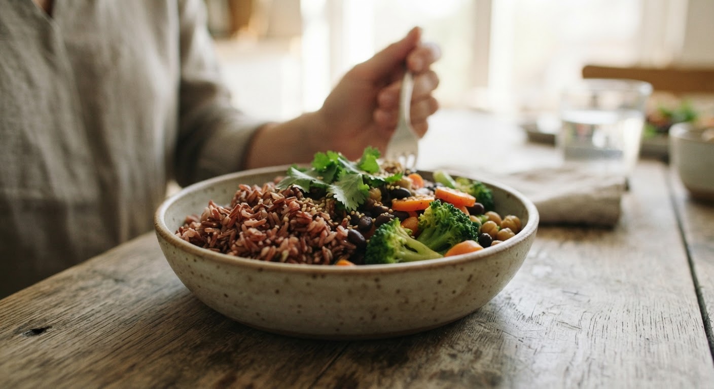 Semangkuk nasi merah yang kaya serat dan nutrisi, disajikan dengan sayuran segar.