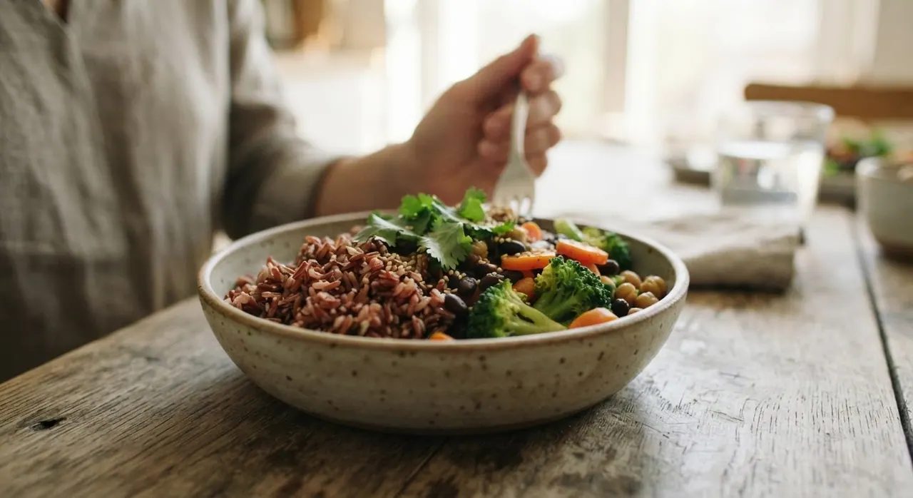 Semangkuk nasi merah yang kaya serat dan nutrisi, disajikan dengan sayuran segar.