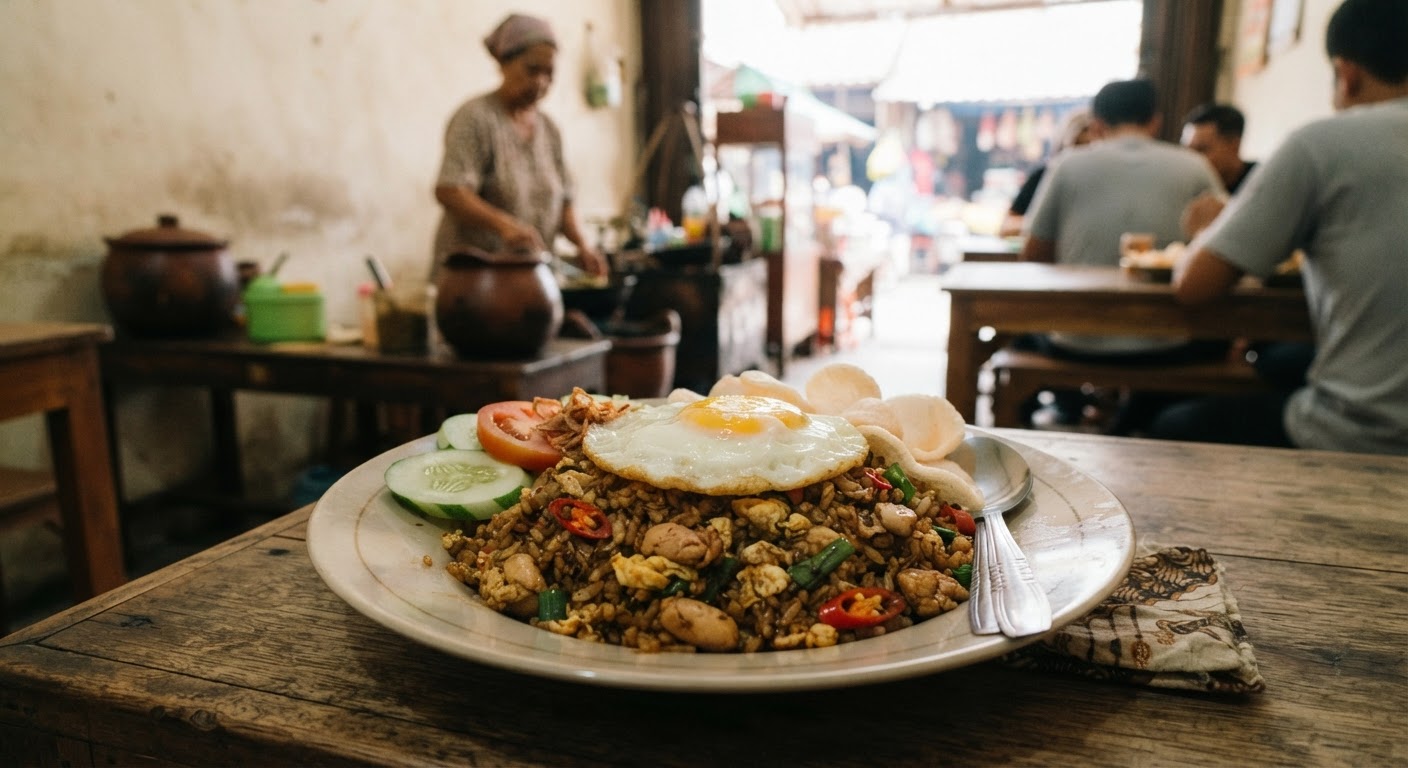 Nasi goreng, hidangan populer Indonesia yang sering menggunakan nasi putih sebagai dasarnya.