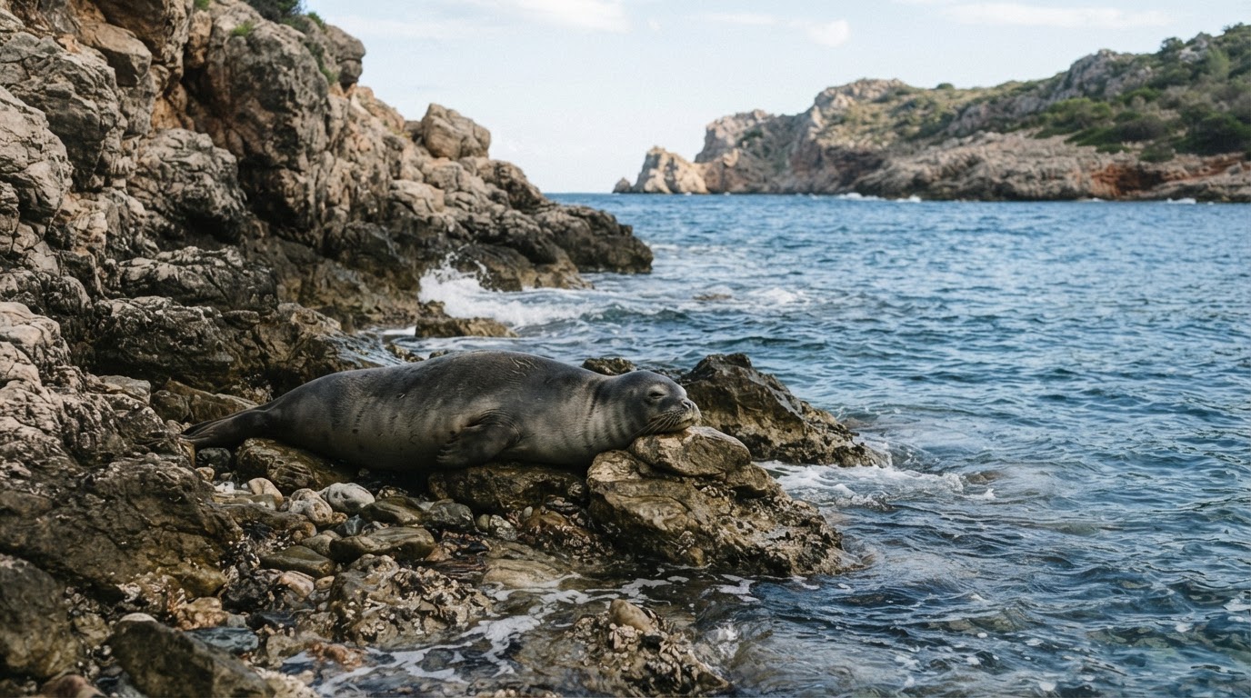 Una foca monaca del Mediterraneo che riposa su una costa rocciosa.