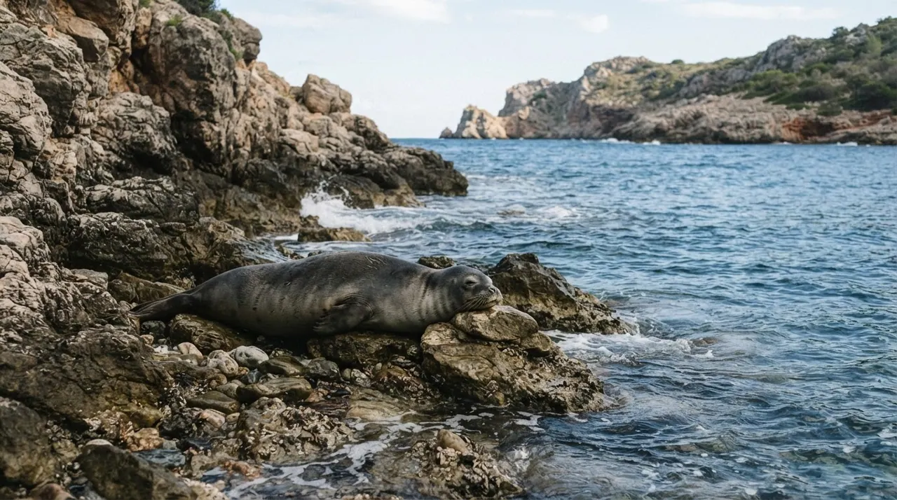 Una foca monaca del Mediterraneo che riposa su una costa rocciosa.