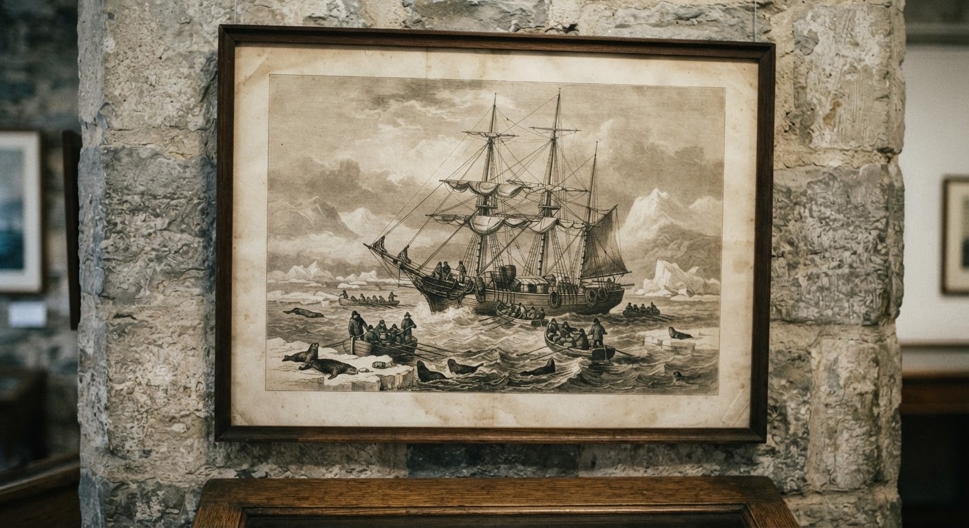 Illustrazione storica di una nave dedita alla caccia alle foche, che evidenzia la lunga storia di questa attività.