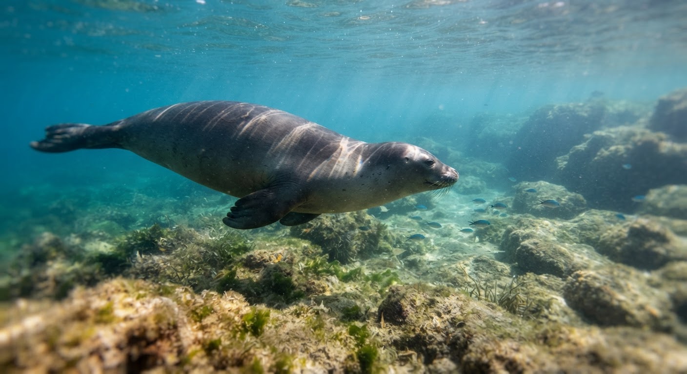 Una foca monaca del Mediterraneo nuota nelle acque trasparenti del suo habitat, un animale emblematico della fragilità marina.