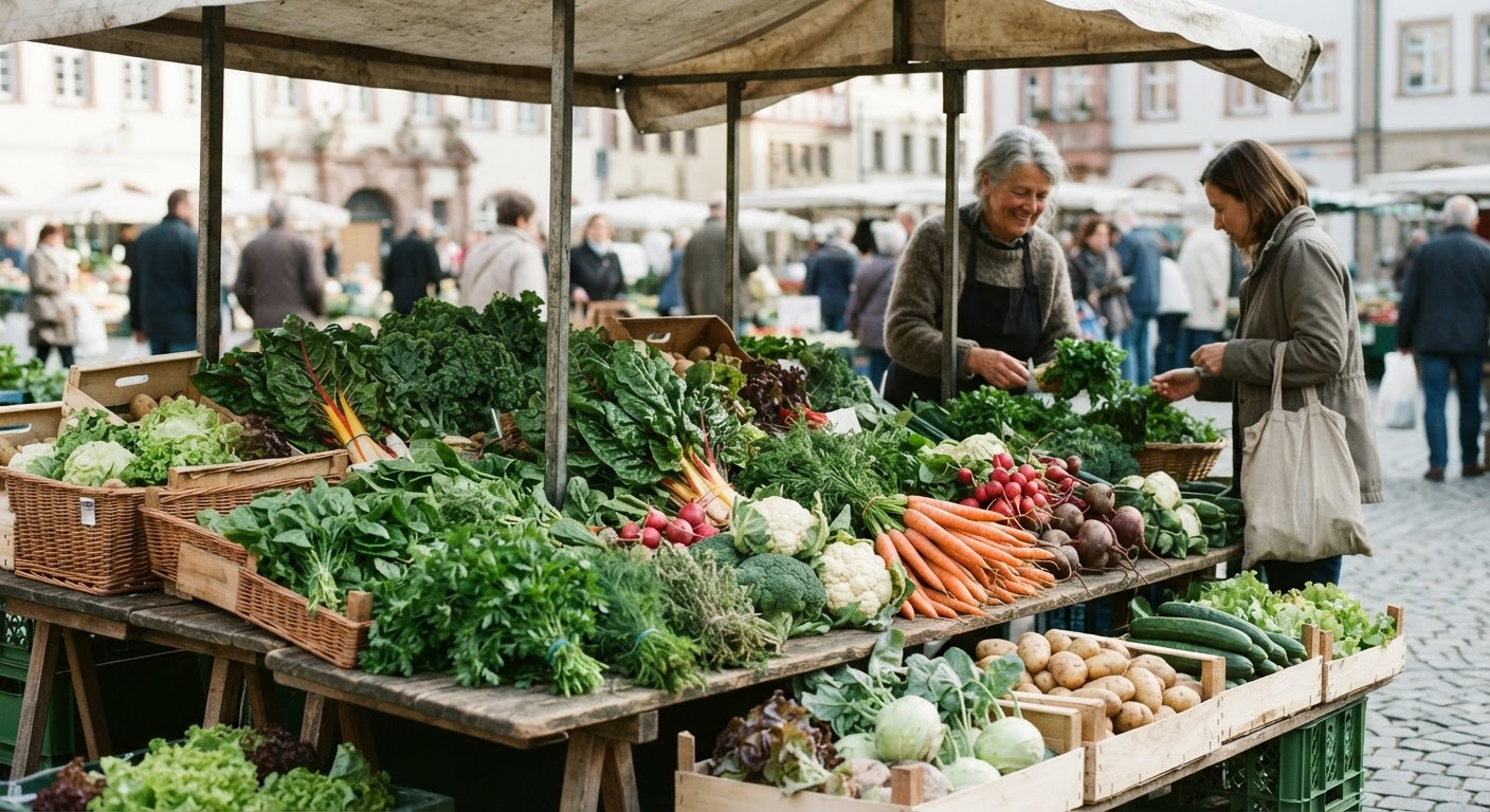 Regionale und saisonale Gemüsesorten auf einem Marktstand in Deutschland bieten eine nährstoffreiche Basis.