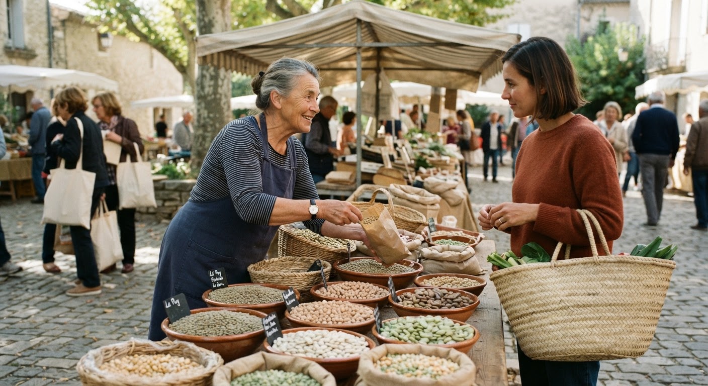 Un marché de producteurs en France, où les légumes secs locaux sont une option.