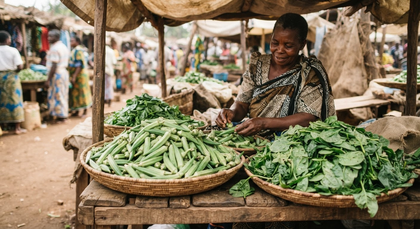 Bamia na spinachi ya Afrika, mboga muhimu kwa caponata ya kienyeji.