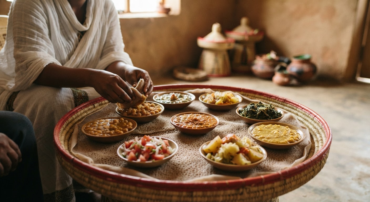 የተለያዩ የአማርኛ ባህላዊ ምግቦች የተሞላ ግብዣ ሲሆን ከእነዚህም መካከል እንጀራ፣ ሽሮ እና ምስር ይገኝበታል