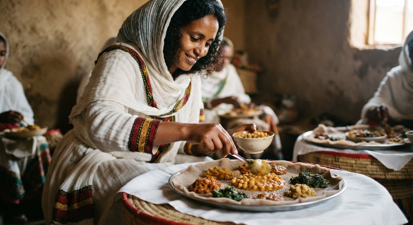 የአማራ ክልል ባህላዊ ምግቦችን ማቅረብ፣ ይህም የቪጋን አመጋገብ አካል ነው።